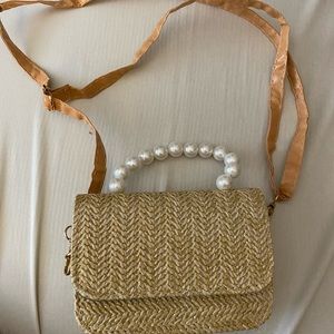 Mini Faux Pearl Decor Straw Bag